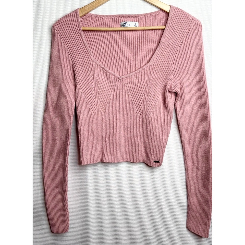 Hollister Womens Pink Ribbed V-Neck Cropped Long Sleeve Sweater Size L